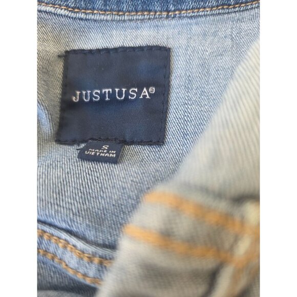 Justusa Denim Stretch Jean Jacket Women Sz S Buttons Distress Pockets Adjust Hem - Picture 6 of 10
